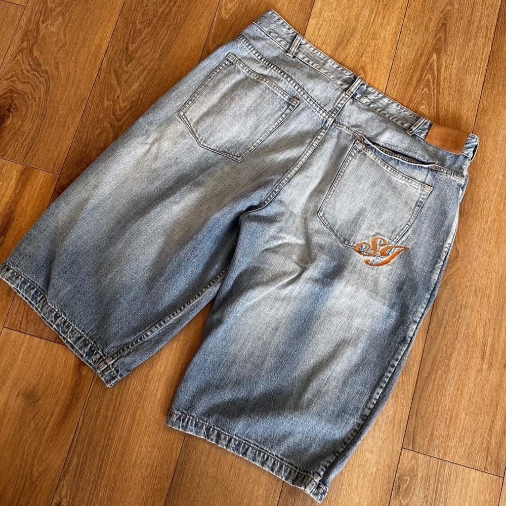 Sean John Vintage‎ Baggy Denim Shorts Mens 40 Light Wash Embroidered Logo Jorts